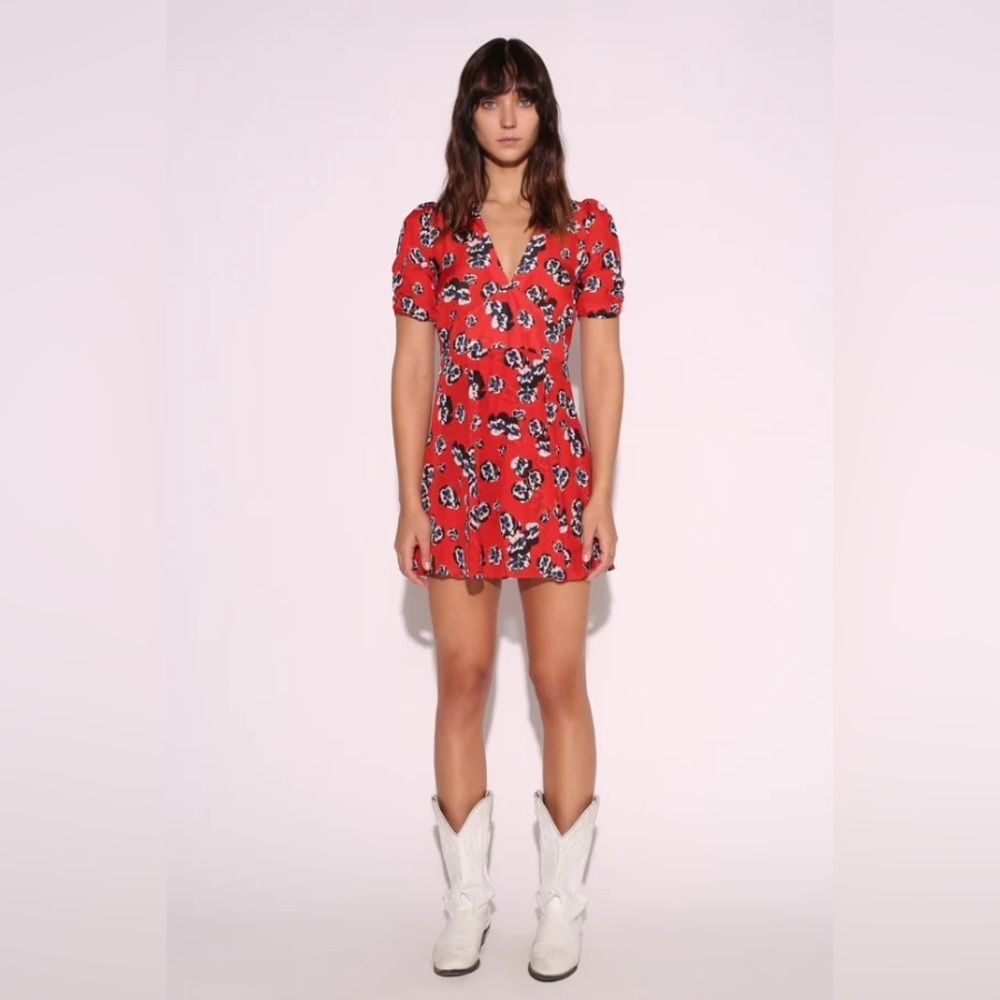 Realisation Par Ozzie Silk Floral Print Short Dress Pansy Red